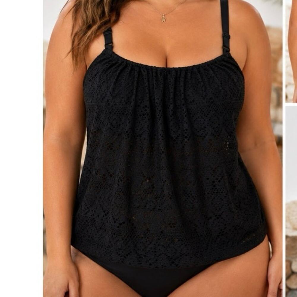 NWT SWIM by Cacique Black Crochet Lace Tankini Swim Top – Size 14